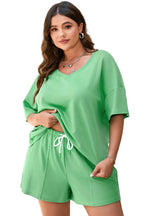 Mint Green Plus Size V Neck Tee Patched Pocket Drawstring Shorts Set