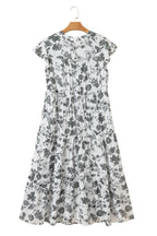 Black Floral Print Piping Trim Notched Neck Ruffle Sleeve Plus Size Long Dress