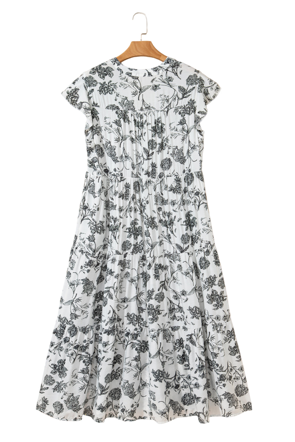 Black Floral Print Piping Trim Notched Neck Ruffle Sleeve Plus Size Long Dress