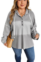 Gray Mixed Pattern Waffle Knit Patchwork Half Buttons Plus Hooded Top