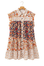 Beige Plus Size Floral Patchwork Button Front Collared Mini Dress