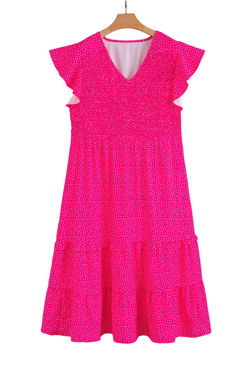 Rose Polka Dot Print Ruffled Smocked High Waist Plus Midi Dress