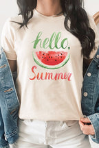 Hello Summer Watercolor Watermelon Graphic Tee T-Shirt