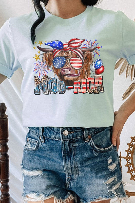 Moo-Rica Cow Fireworks Flag Patriotic Graphic Tee T-Shirt