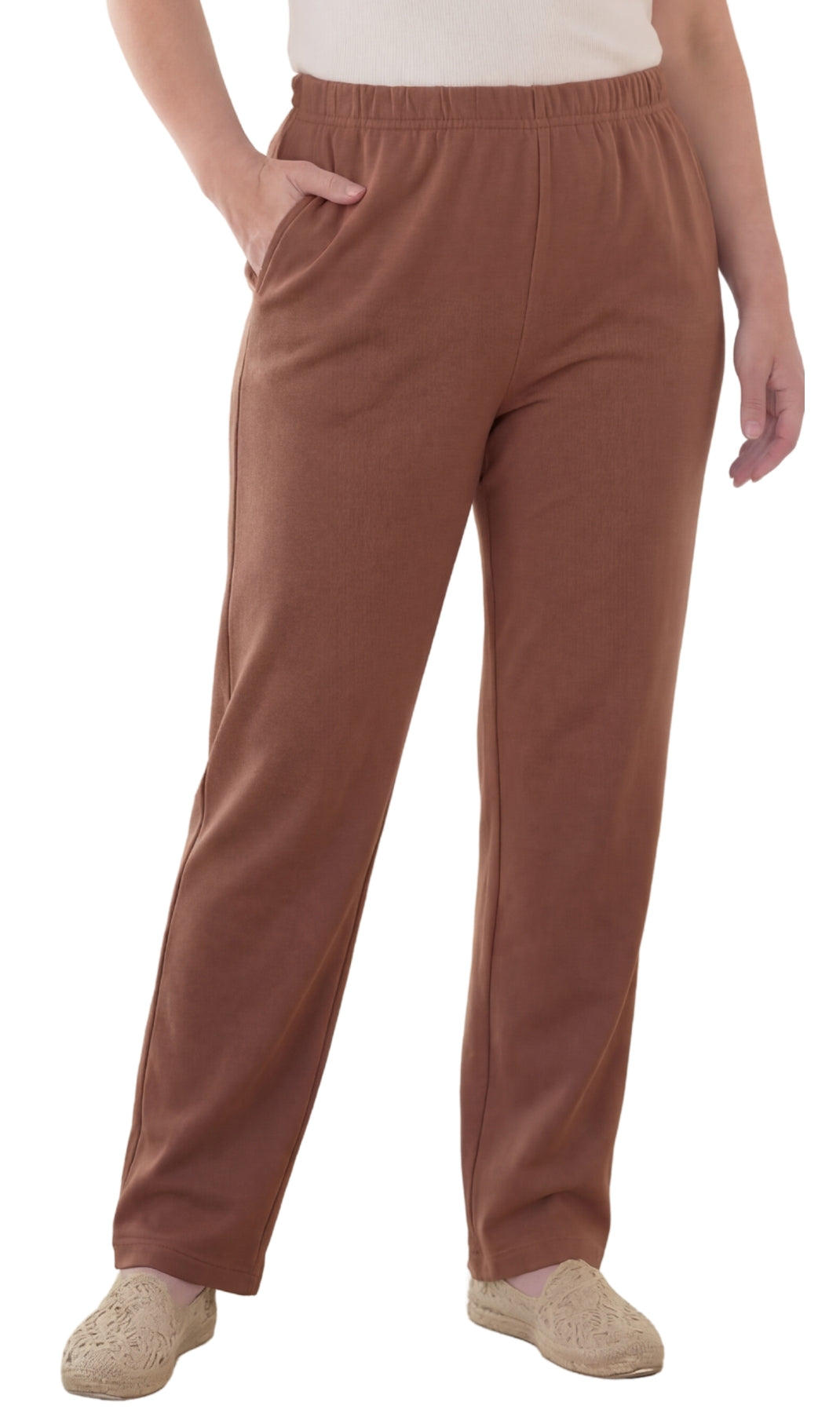 Women's Pull-On Flat Front Knit Pants — Cotton Blend Elastic Waist
