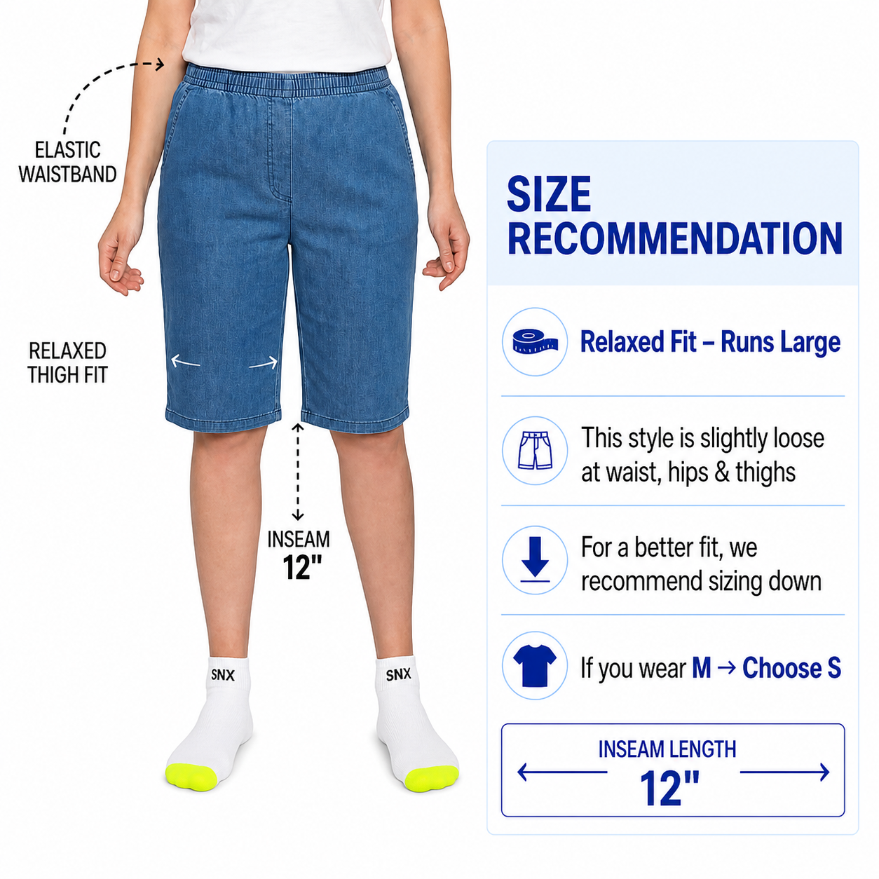Women's Easy Pull-On Bermuda Shorts in Denim and Twill