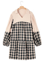 Black Plaid Waffle Knit Patchwork Collared V Neck Plus Size Mini Dress