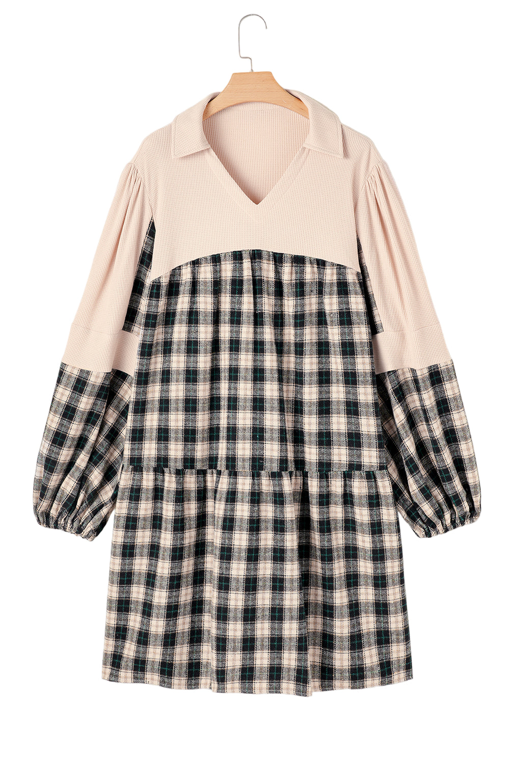 Black Plaid Waffle Knit Patchwork Collared V Neck Plus Size Mini Dress