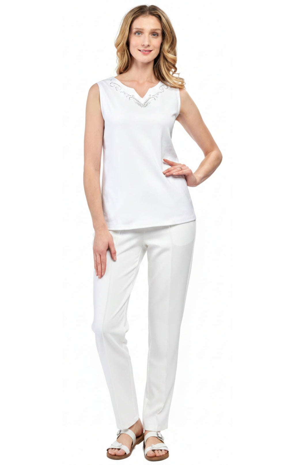 Women's Rhinestone Notch V-Neck Sleeveless Knit Tank Top