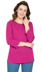Women's 3/4 Sleeve Henley Top — Cotton Blend with Button Placket
