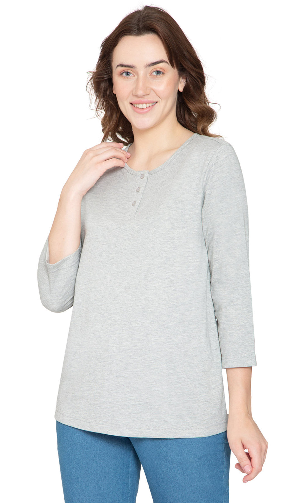 Women's 3/4 Sleeve Henley Top — Cotton Blend with Button Placket