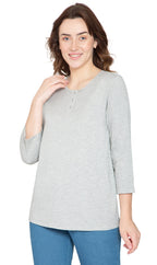 Women's 3/4 Sleeve Henley Top — Cotton Blend with Button Placket