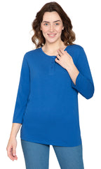 Women's 3/4 Sleeve Henley Top — Cotton Blend with Button Placket