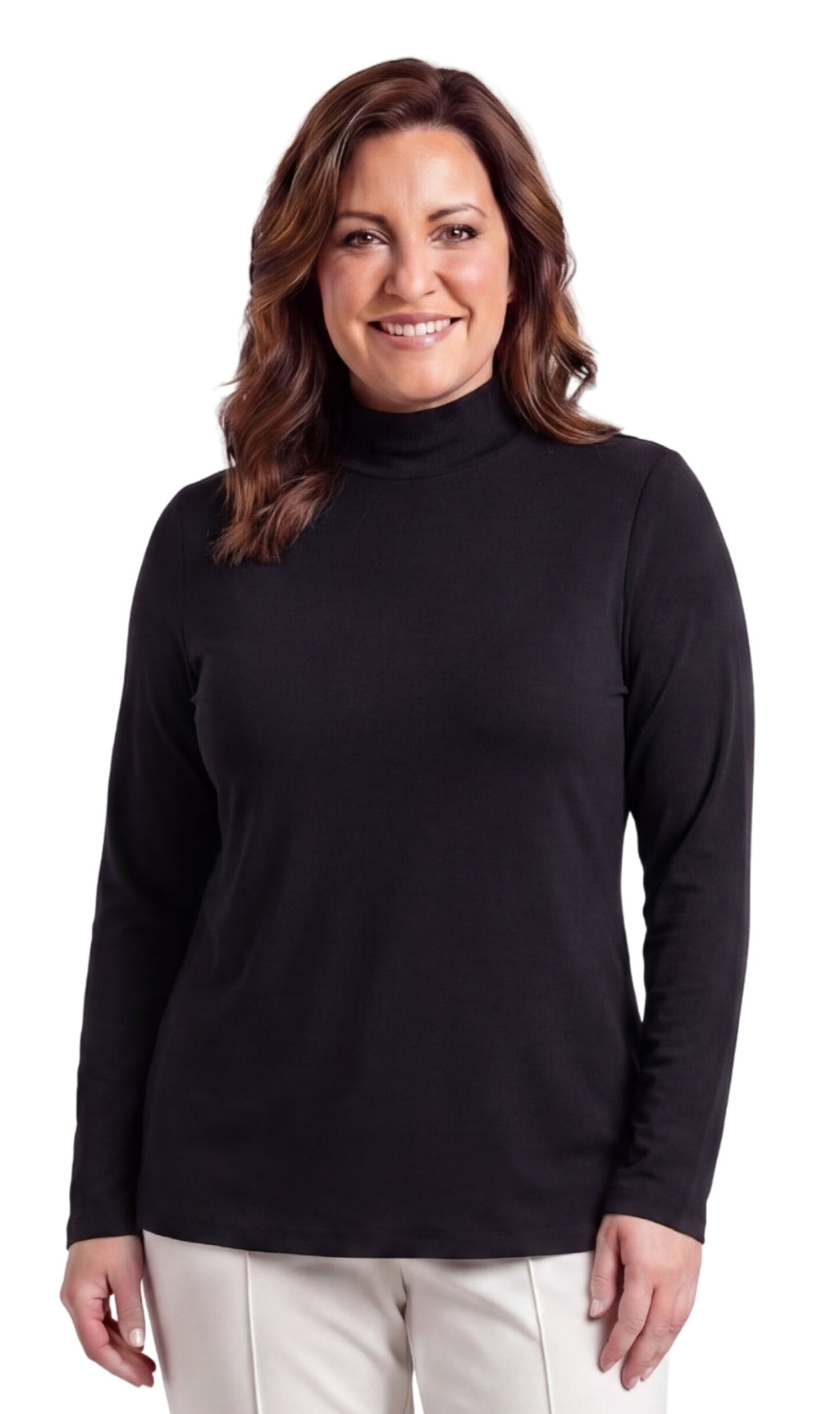 Women's Long Sleeve Mock Neck Top — Lightweight Cotton Blend