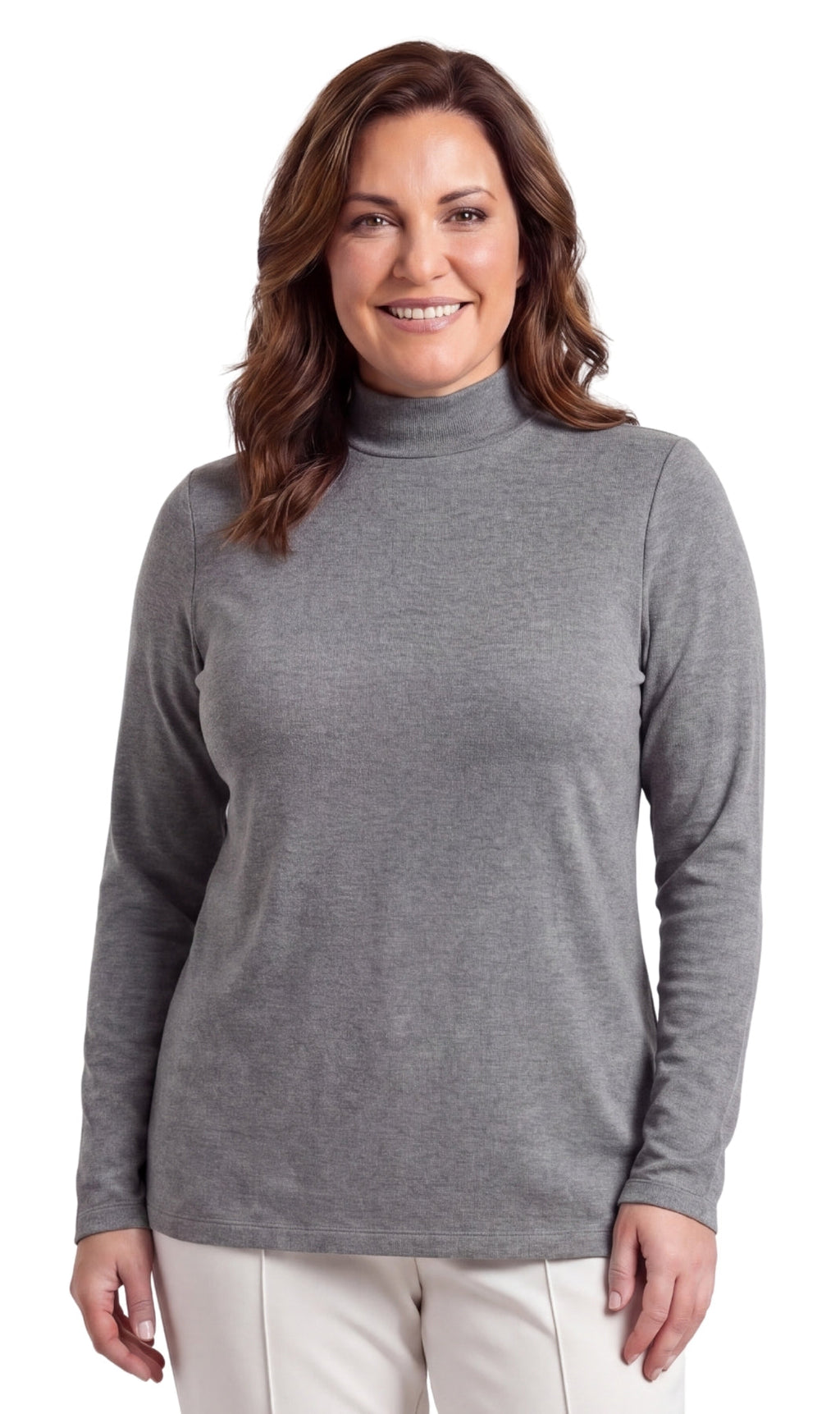 Women's Long Sleeve Mock Neck Top — Lightweight Cotton Blend