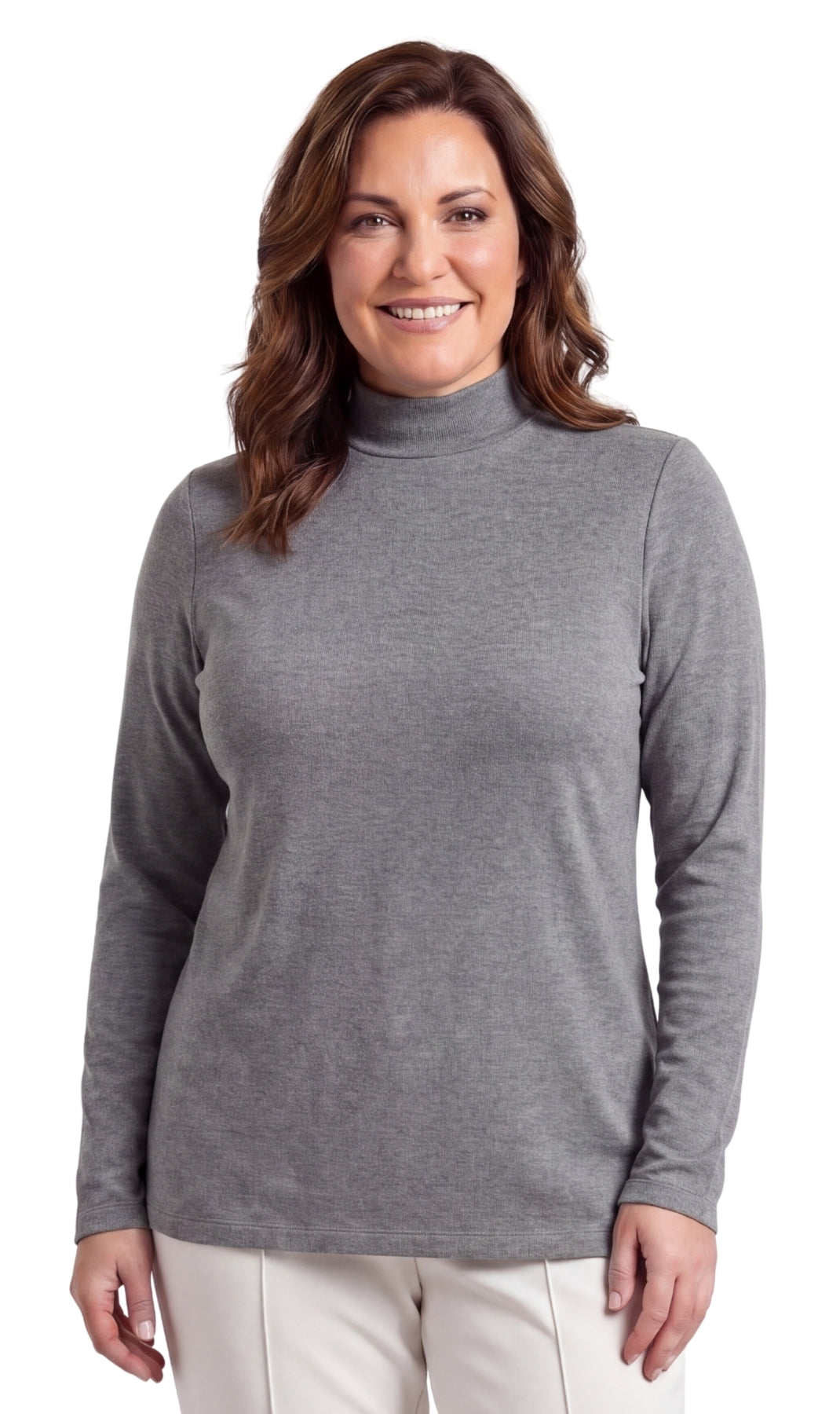 Women's Long Sleeve Mock Neck Top — Lightweight Cotton Blend