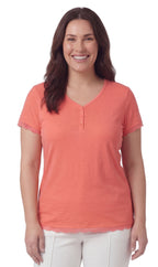Women's Short Sleeve V-Neck Tee with 3-Button Henley Placket