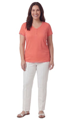 Women's Short Sleeve V-Neck Tee with 3-Button Henley Placket