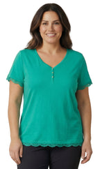 Women's Short Sleeve V-Neck Tee with 3-Button Henley Placket