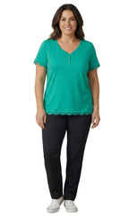 Women's Short Sleeve V-Neck Tee with 3-Button Henley Placket