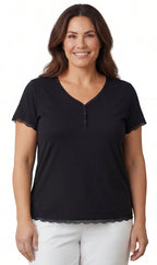 Women's Short Sleeve V-Neck Tee with 3-Button Henley Placket