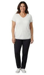 Women's Short Sleeve V-Neck Tee with 3-Button Henley Placket