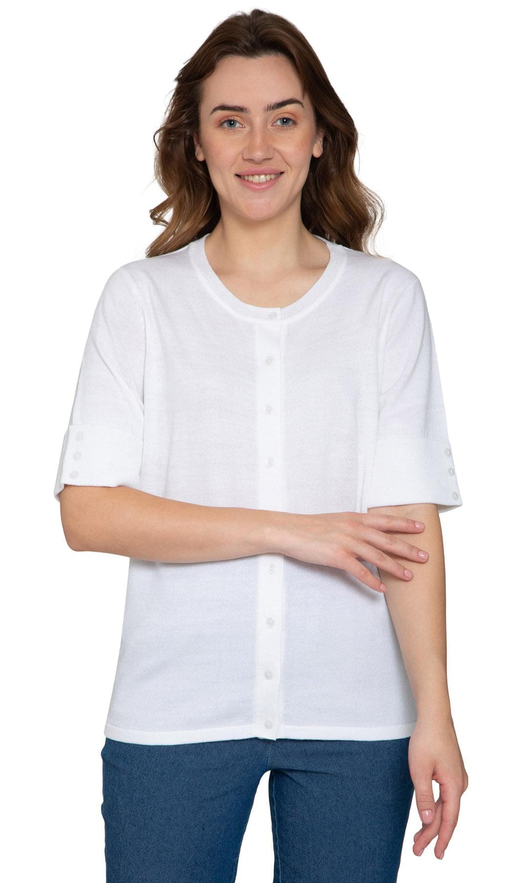 Women's Button Front Cardigan with Elbow Cuff Detail — Soft Knit
