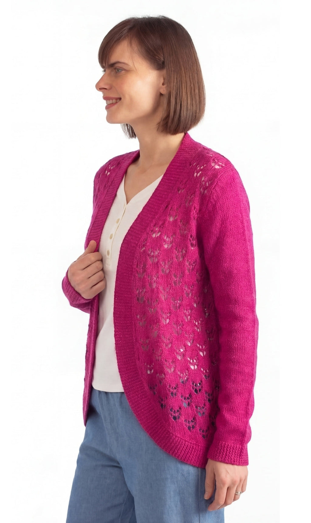 Women's Open Front Pointelle Shrug — Curved Hem Soft Acrylic