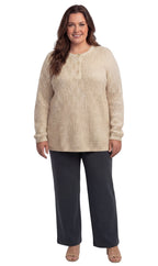 Women's Long Sleeve Henley Shaker Knit Sweater — 3-Button Placket
