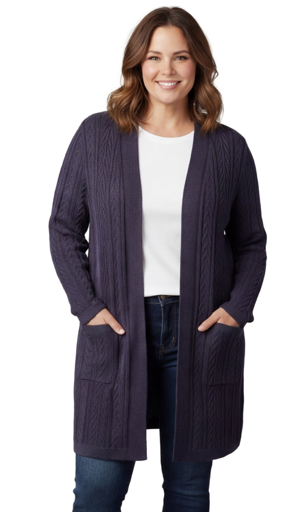 Women's Cable Knit Duster Cardigan with Pockets — Open Front Longline
