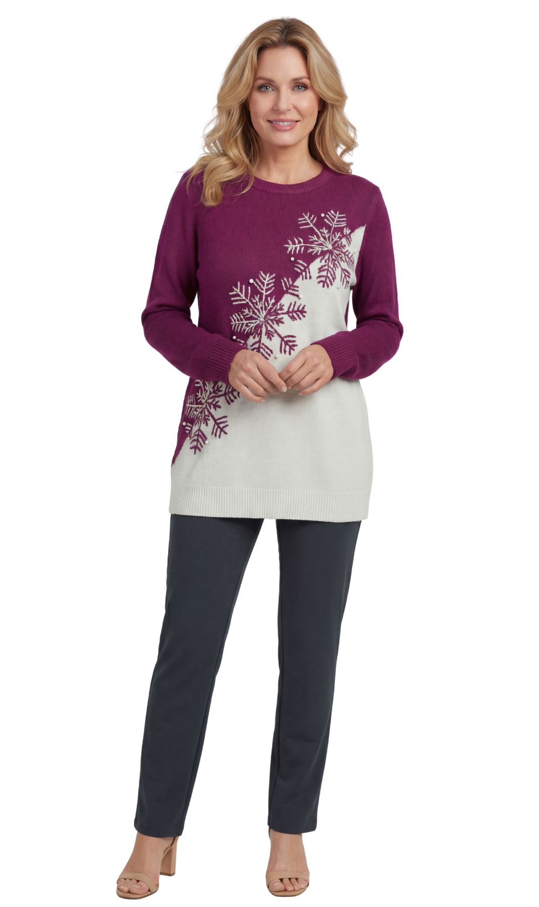 Women's Snowflake Color Block Holiday Crewneck Sweater — 100% Acrylic