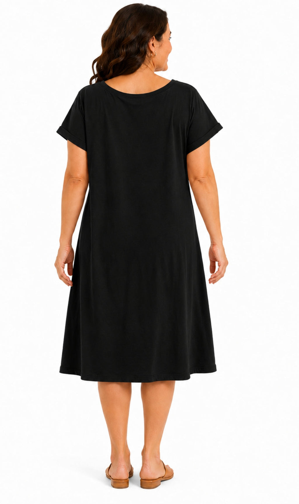 Women's Short Sleeve A-Line Knit Dress — Scoop Neck Asymmetrical Hem