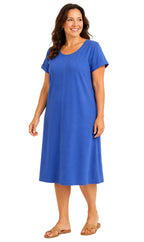 Women's Short Sleeve A-Line Knit Dress — Scoop Neck Asymmetrical Hem