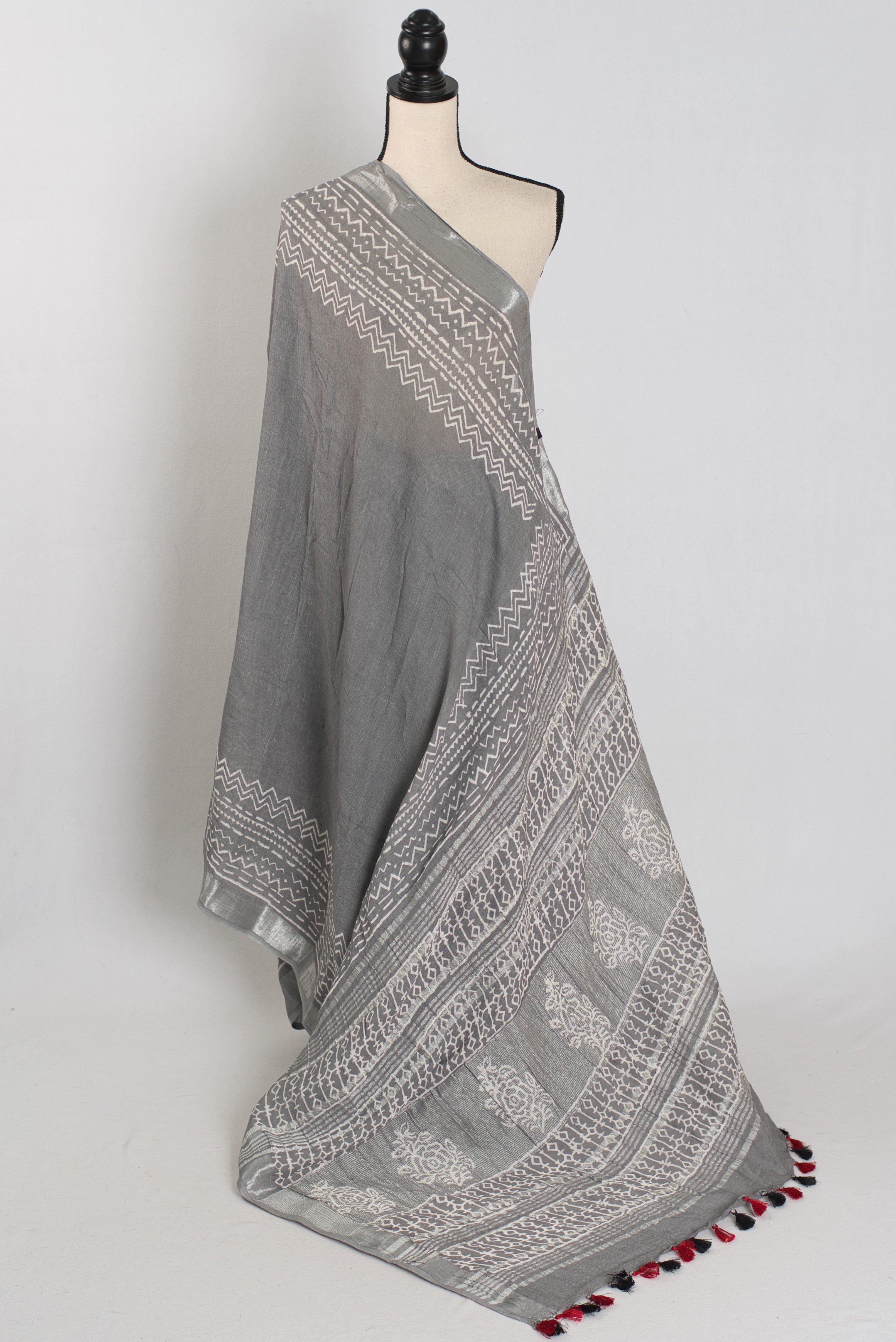 Snigdha: Grey and Silver Hand Block Printed Saree | Soft Linen Cotton