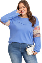 Khaki Exposed Seam Floral Mixed Patchwork Relaxed Plus Size Top