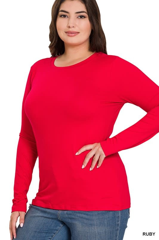 Microfiber Long Sleeve Round Neck Tee - Ruby