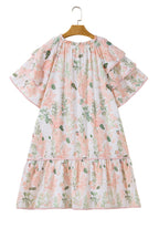 Pink Plus Size Floral Print Striped Detail Short Summer Dress