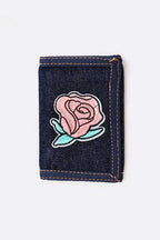Rose Patch Denim Tri-Fold Wallet