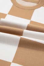 Light French Beige Plus Size Checkered Pattern Knit Short Sleeve Sweater