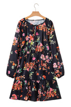 Black Plus Size Floral Print Tie Neck Cinched Waist Long Sleeve Mini Dress