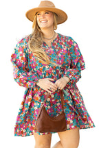 Sky Blue Plus Size Floral Print Shirred Ruffle Tiered Mini Dress