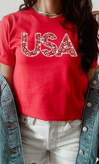 Red and White Floral USA Graphic Tee T-Shirt