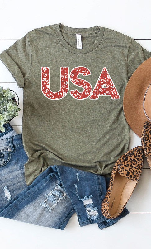 Red and White Floral USA PLUS SIZE Graphic Tee T-Shirt