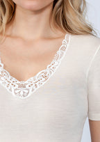 EGi Luxury Merino Wool Silk Women's Short Sleeve T-Shirt with Lace Trimming. Proudly Made in Italy.(146)