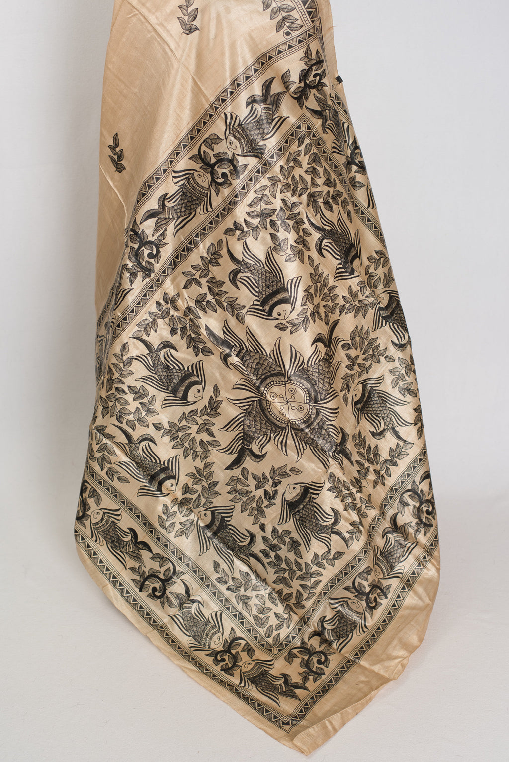 Matsya: Hand-Painted Madhubani Tussar Silk Saree | Fish Motif | Beige & Black