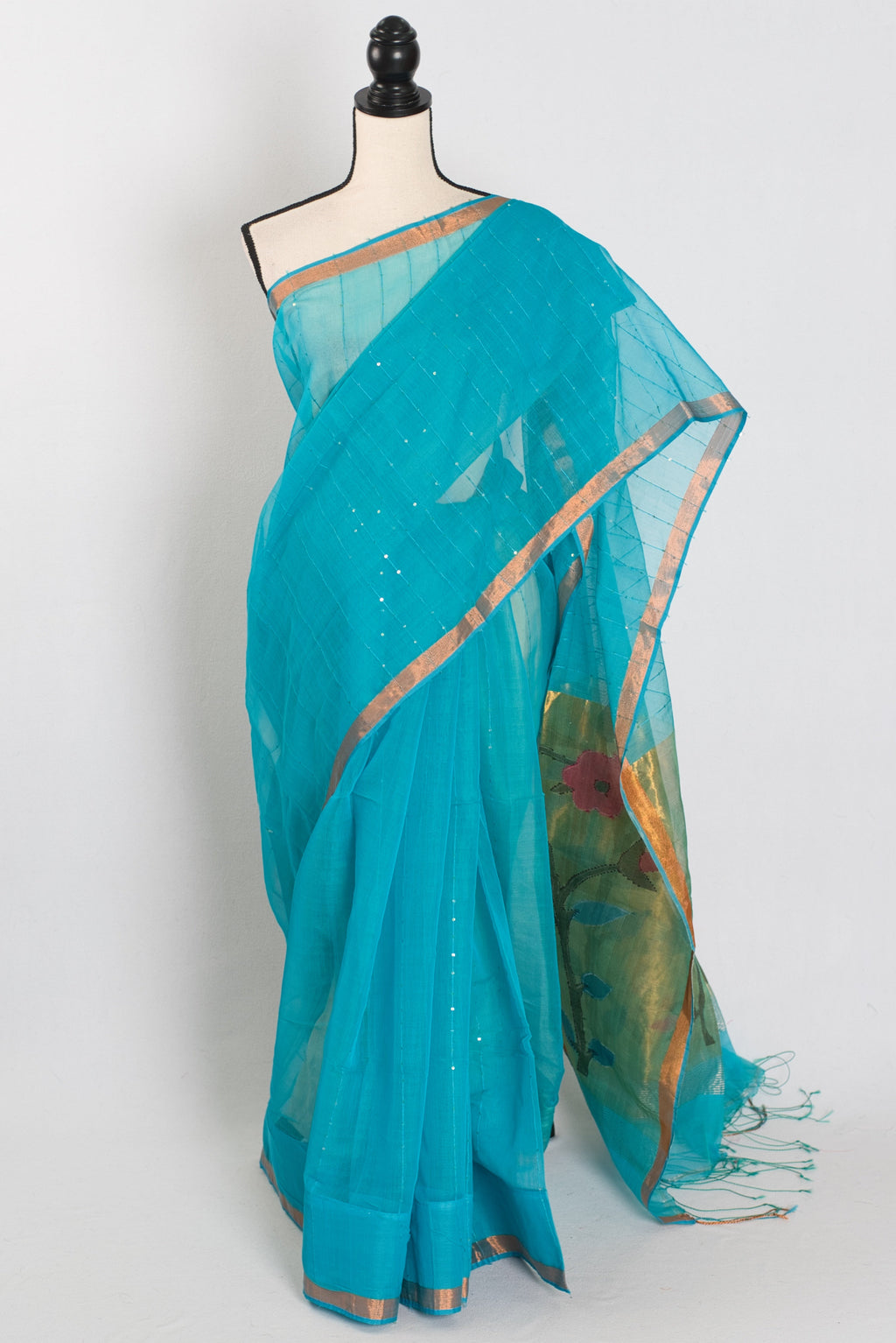 Shukti: Turquoise Blue & Gold Muslin Cotton Jamdani Saree | Sequin Weaving