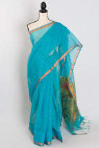 Shukti: Turquoise Blue & Gold Muslin Cotton Jamdani Saree | Sequin Weaving