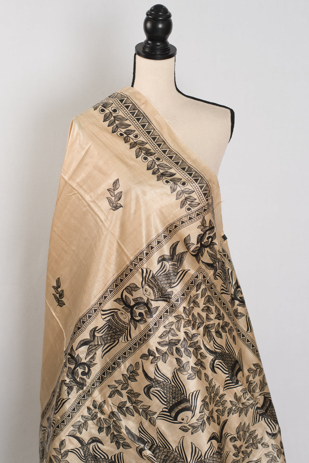 Matsya: Hand-Painted Madhubani Tussar Silk Saree | Fish Motif | Beige & Black