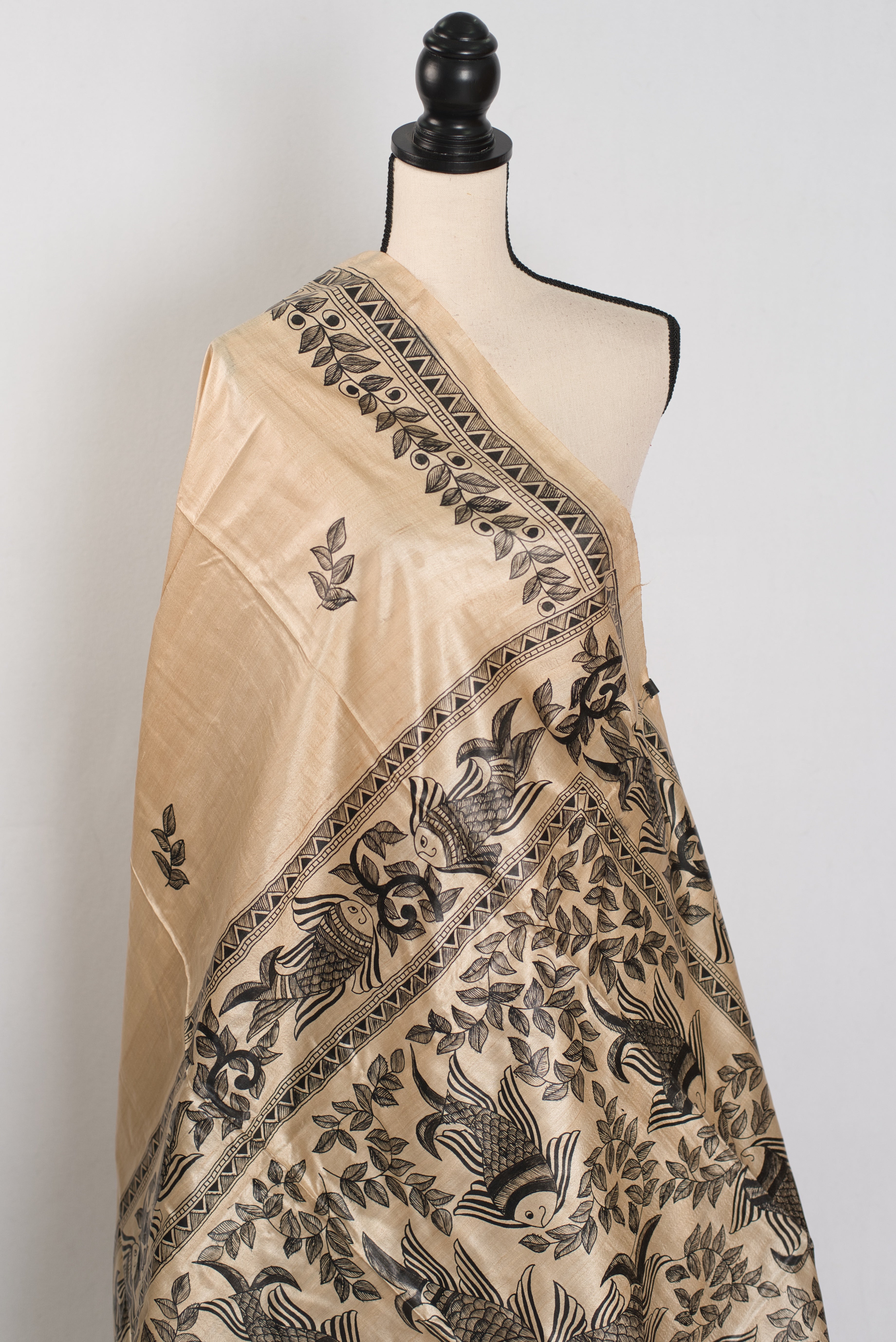 Matsya: Hand-Painted Madhubani Tussar Silk Saree | Fish Motif | Beige & Black