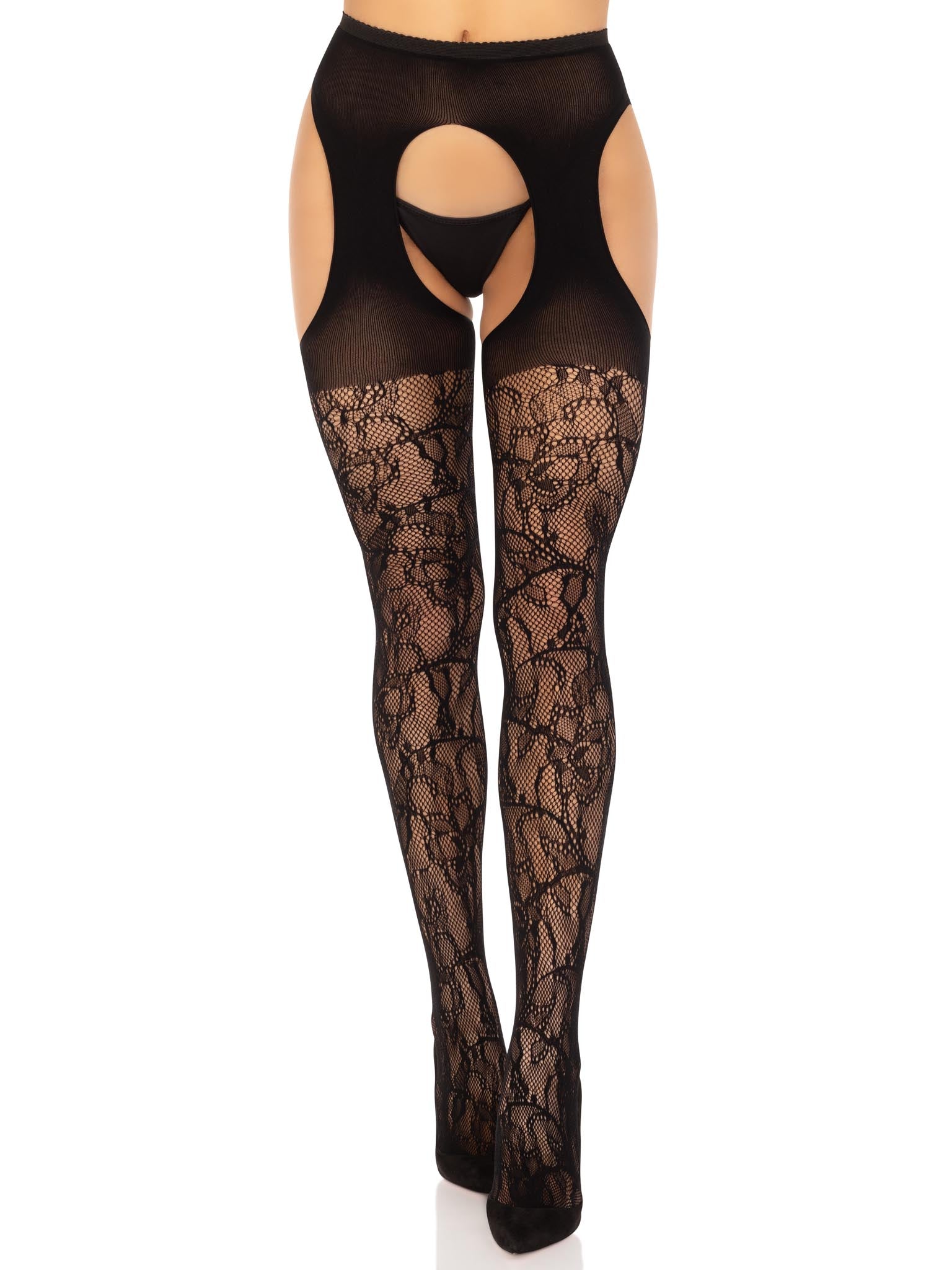 Eyelet rose lace suspender hose.